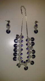 Purple Crystal and American Diamond Floral Necklace and Earrings Set