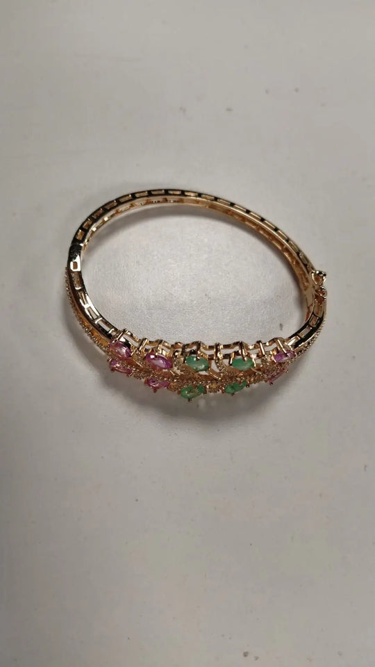 Rose Gold Tone Pink and Green Stone Openable Bangle