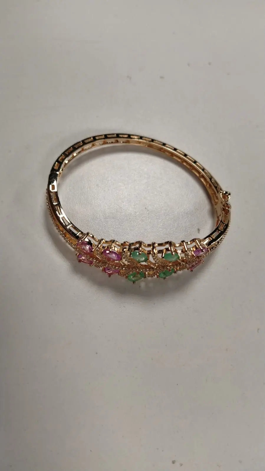 Rose Gold Tone Pink and Green Stone Openable Bangle
