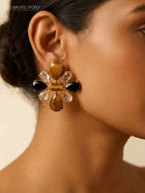 Floral Brass Stud Earrings with Black and Brown Stones