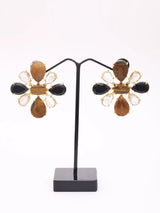 Floral Brass Stud Earrings with Black and Brown Stones