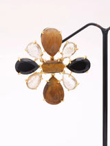 Floral Brass Stud Earrings with Black and Brown Stones