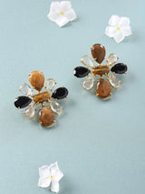Floral Brass Stud Earrings with Black and Brown Stones