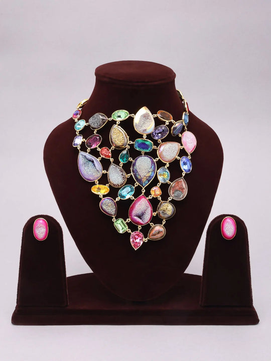 Multicolour Druzy Stone Studded Brass Necklace and Earrings Set