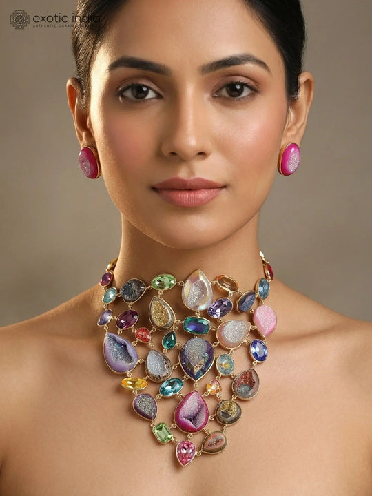 Multicolour Druzy Stone Studded Brass Necklace and Earrings Set