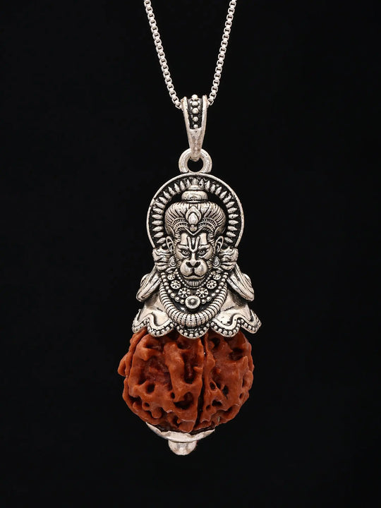 Five Mukhi Rudraksha and Lord Hanuman Sterling Silver Pendant