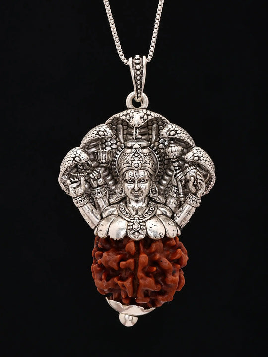 Lord Vishnu and Sheshnaga Five Mukhi Rudraksha Silver Pendant