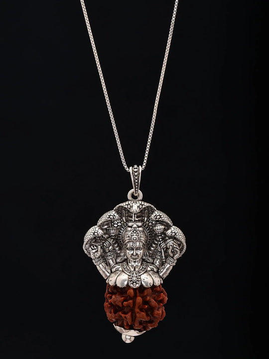 Lord Vishnu and Sheshnaga Five Mukhi Rudraksha Silver Pendant