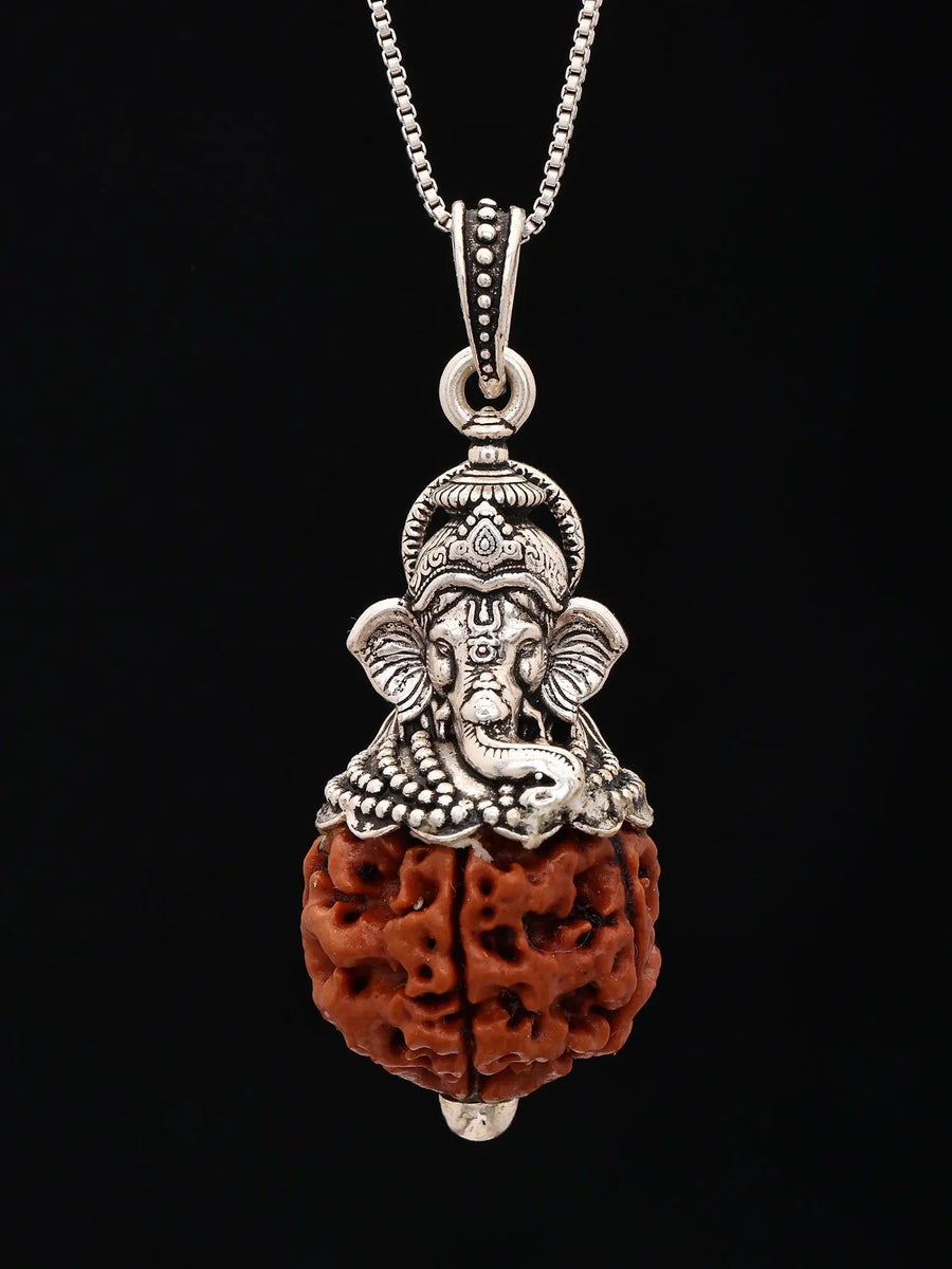 Five Mukhi Rudraksha and Lord Ganesha Sterling Silver Pendant