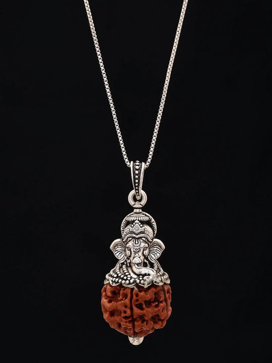 Five Mukhi Rudraksha and Lord Ganesha Sterling Silver Pendant