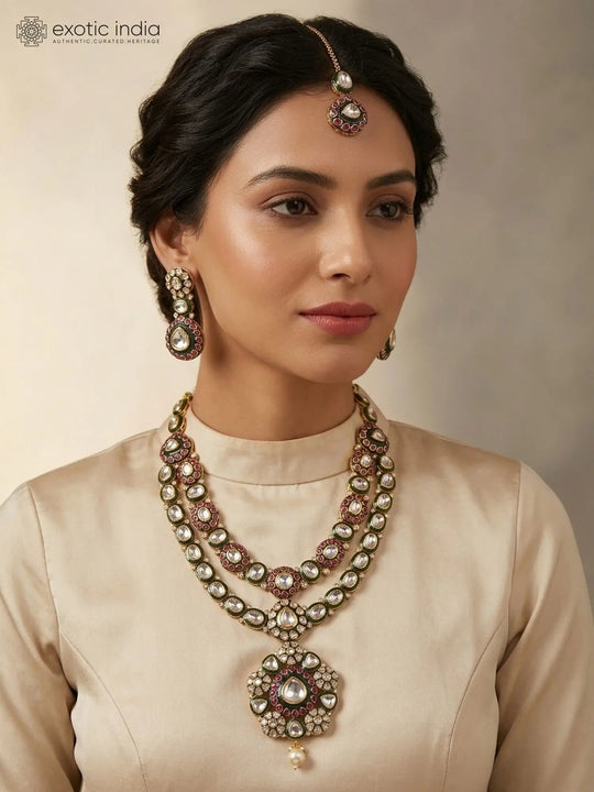 Double Strand Kundan Bridal Necklace Set with Maang Tikka
