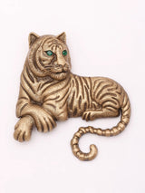 Seated Tiger Green Eye Brass Brooch