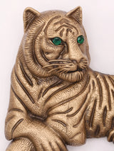 Seated Tiger Green Eye Brass Brooch