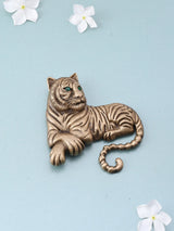 Seated Tiger Green Eye Brass Brooch