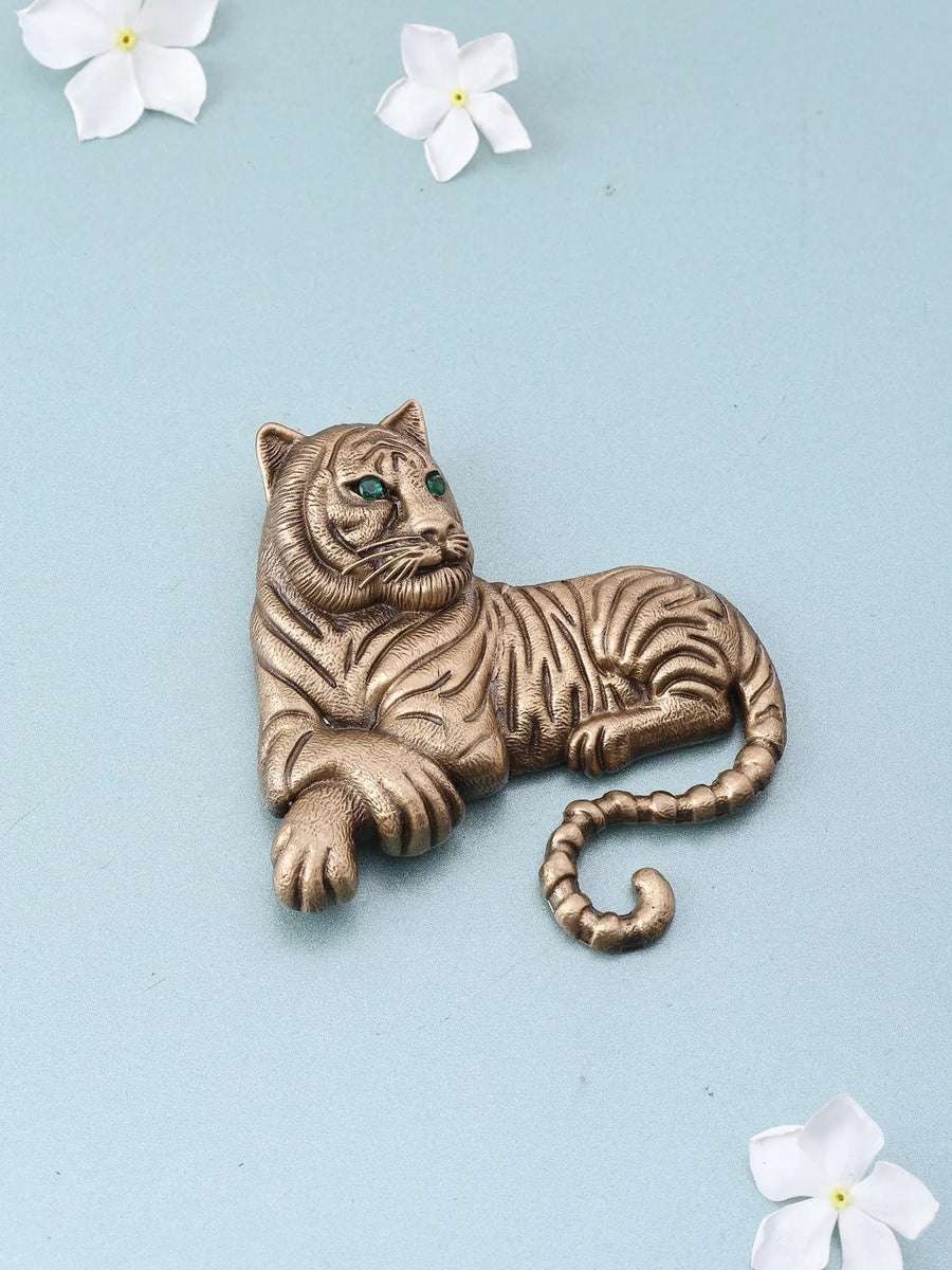 Seated Tiger Green Eye Brass Brooch