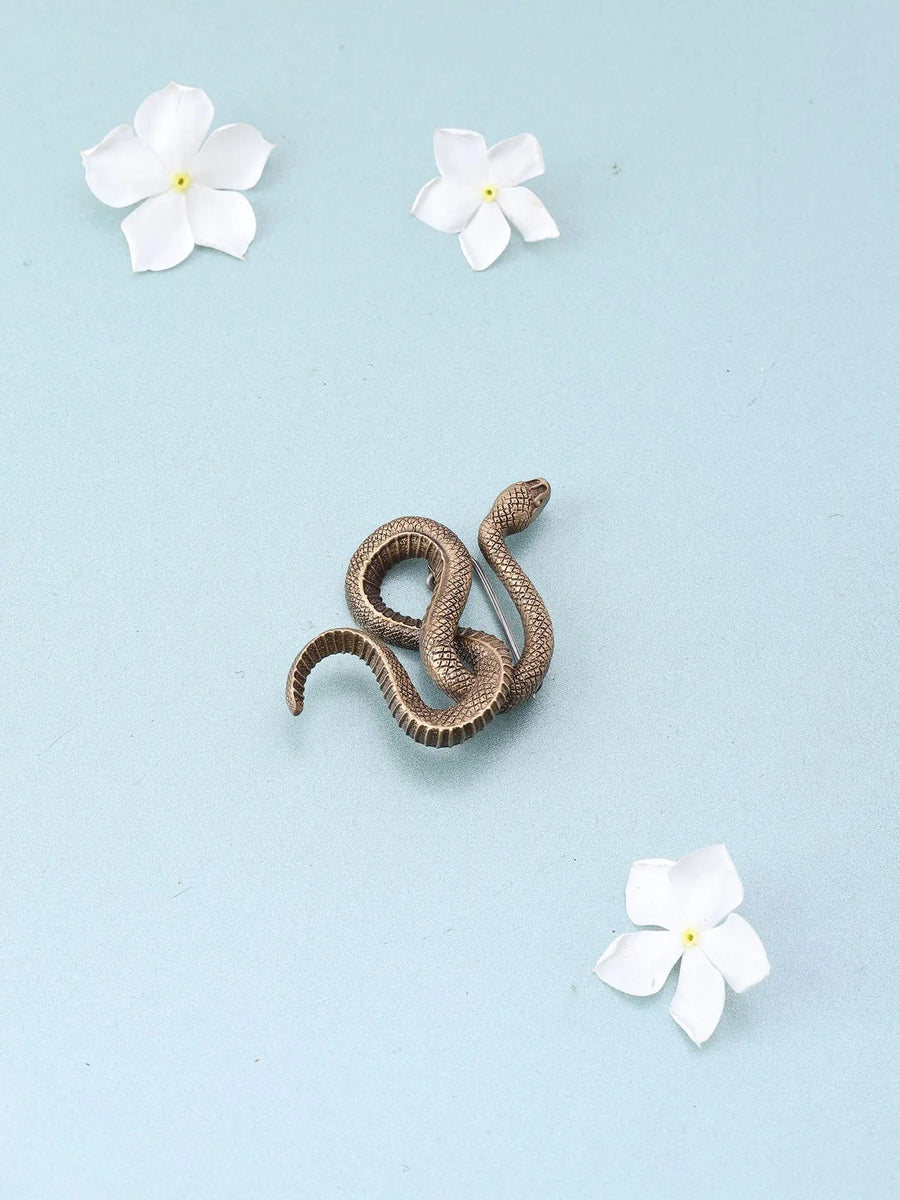 Serpent Motif Antiqued Brass Brooch