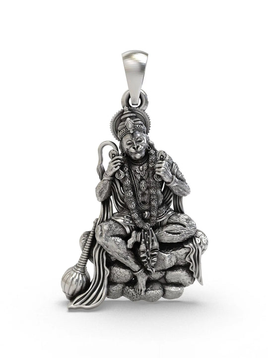 Seated Lord Hanuman Sterling Silver Pendant