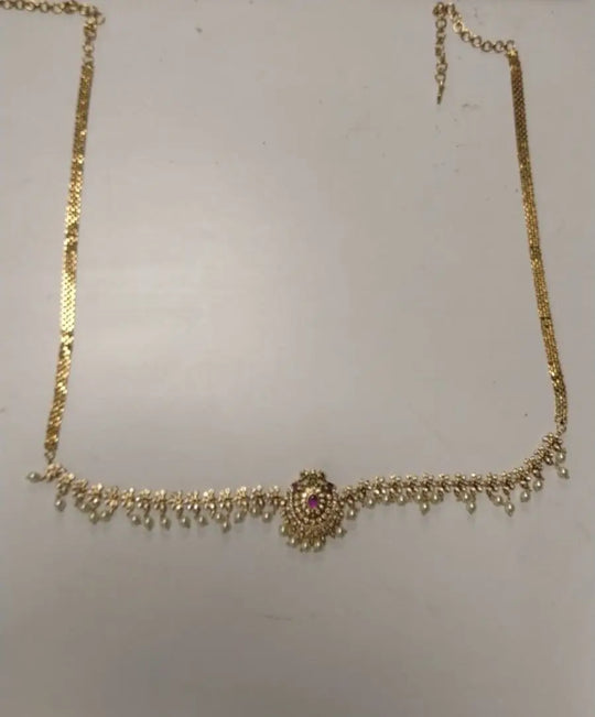 Peacock Motif Brass Kamarband with Pearl Drops