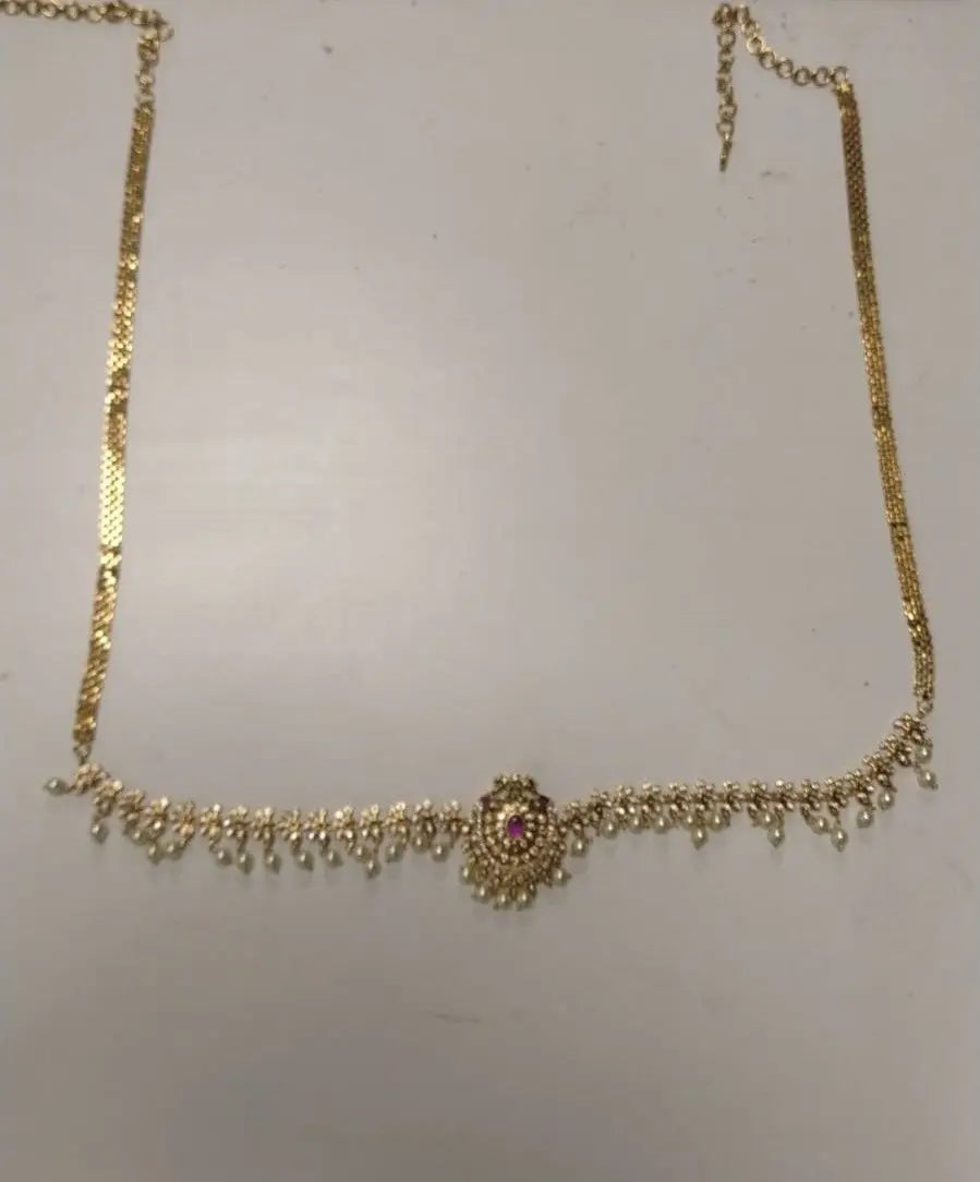 Peacock Motif Brass Kamarband with Pearl Drops