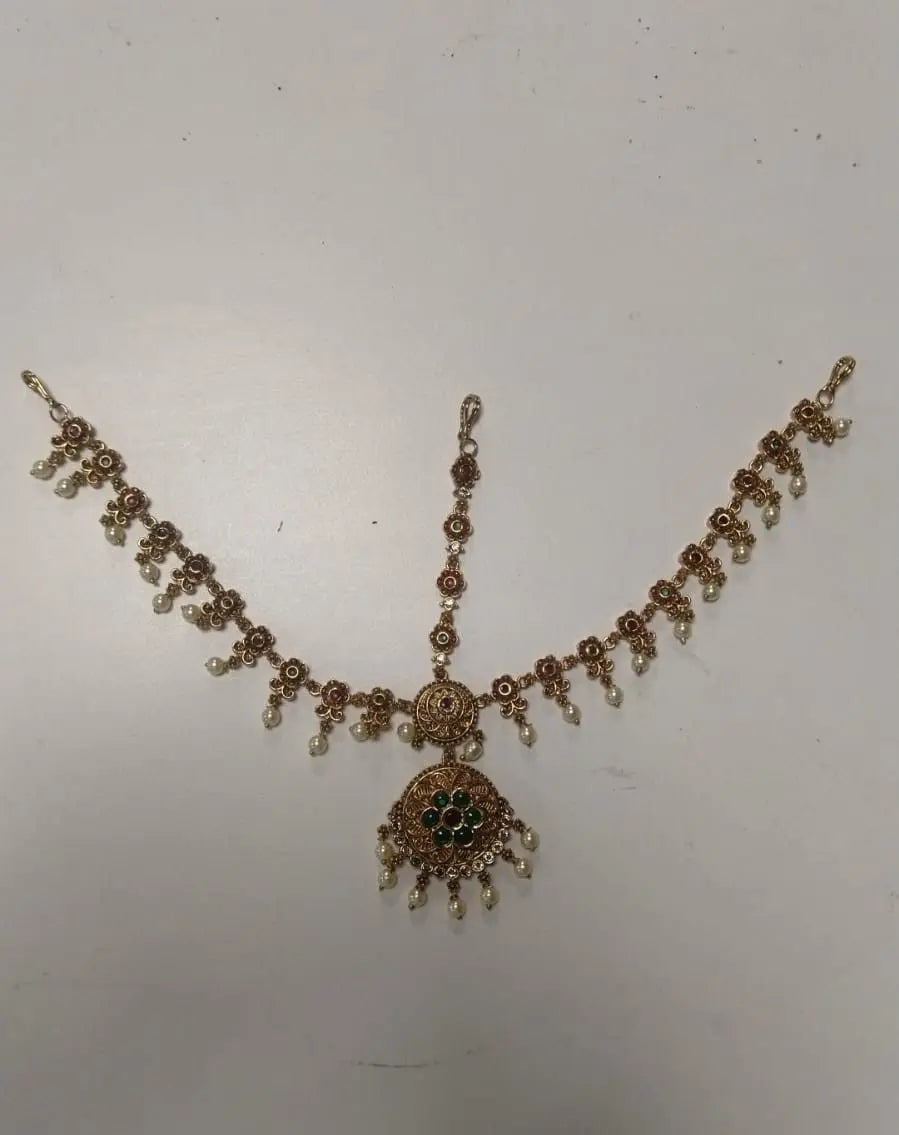 Kundan Floral Matha Patti with Maang Tikka in Brass