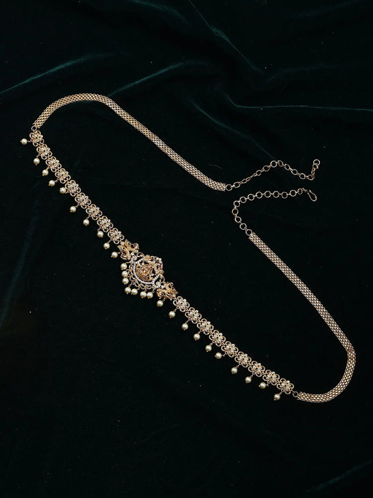 Goddess Lakshmi Temple Brass Pearl Drop Waist Chain