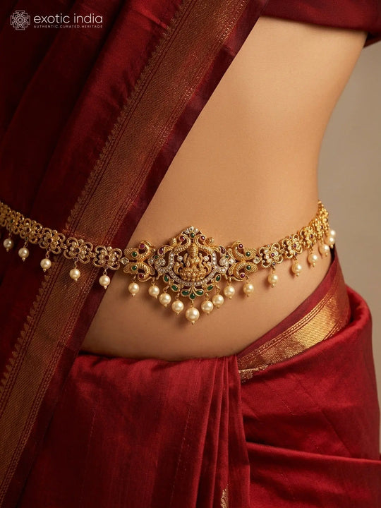 Goddess Lakshmi Temple Brass Pearl Drop Waist Chain