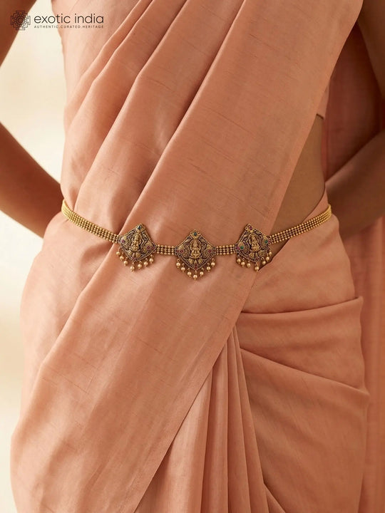 Goddess Lakshmi Temple Brass Waist Chain with Bead Drops