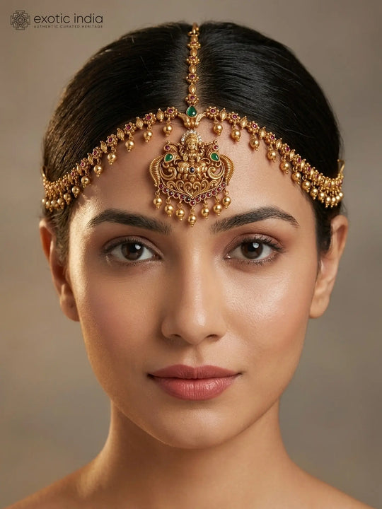 Goddess Lakshmi Temple Brass Bridal Damini Head Set with Bead Drops