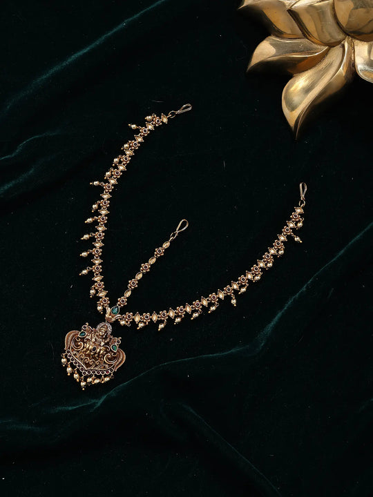 Goddess Lakshmi Temple Brass Bridal Damini Head Set with Bead Drops