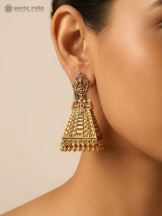 Antique Brass Gopuram Temple Jhumka Earrings