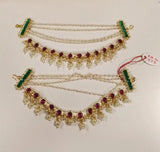 Layered Kundan Ear Chain with Red Stone and Bead Drop