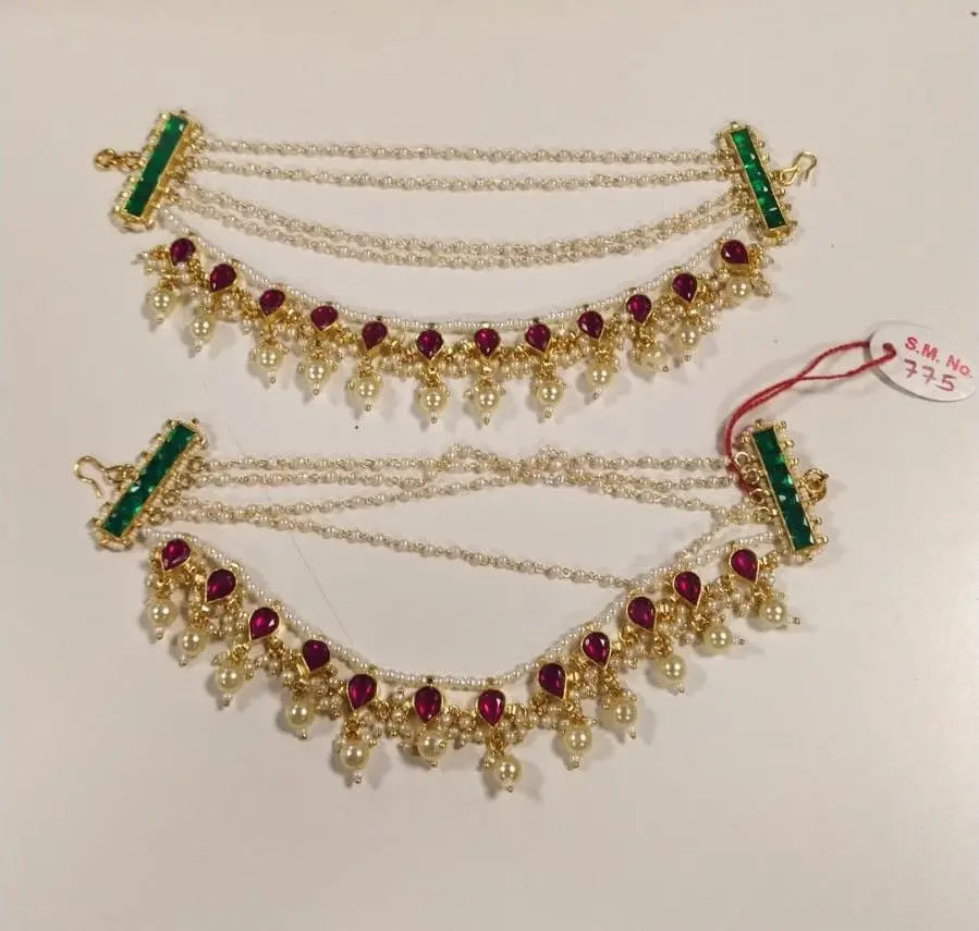 Layered Kundan Ear Chain with Red Stone and Bead Drop