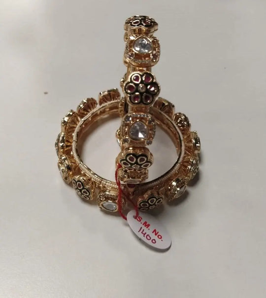 Floral Kundan Openable Green Enamel Bangles Pair