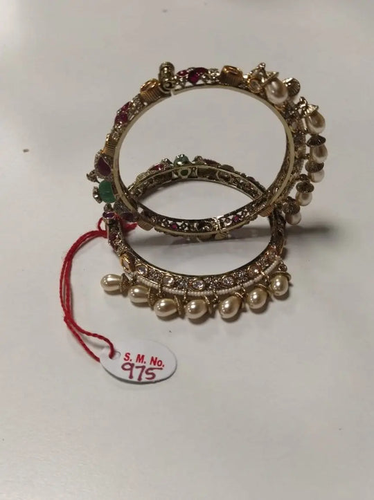 Floral Kundan Brass Bangles with Pearl Drops