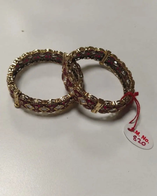 Pink Polki Stone Studded Openable Brass Bangles (Pair)