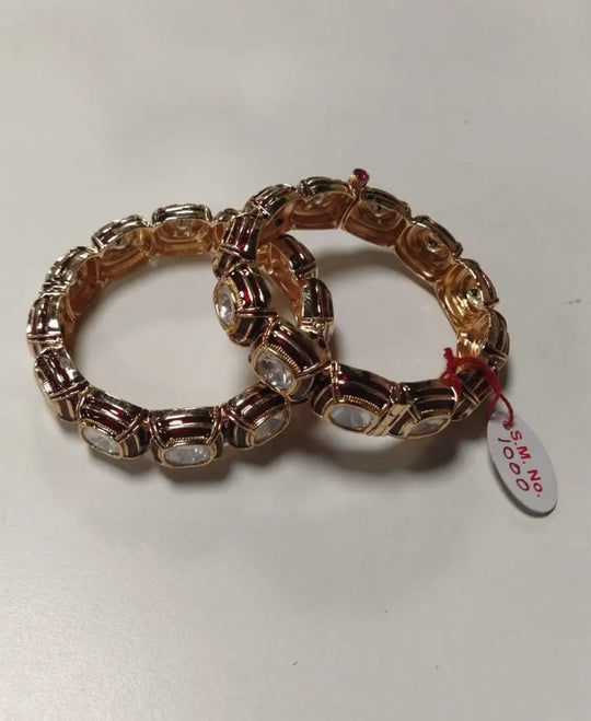 Geometric Kundan Openwork Bangles in Green and Red (Pair)