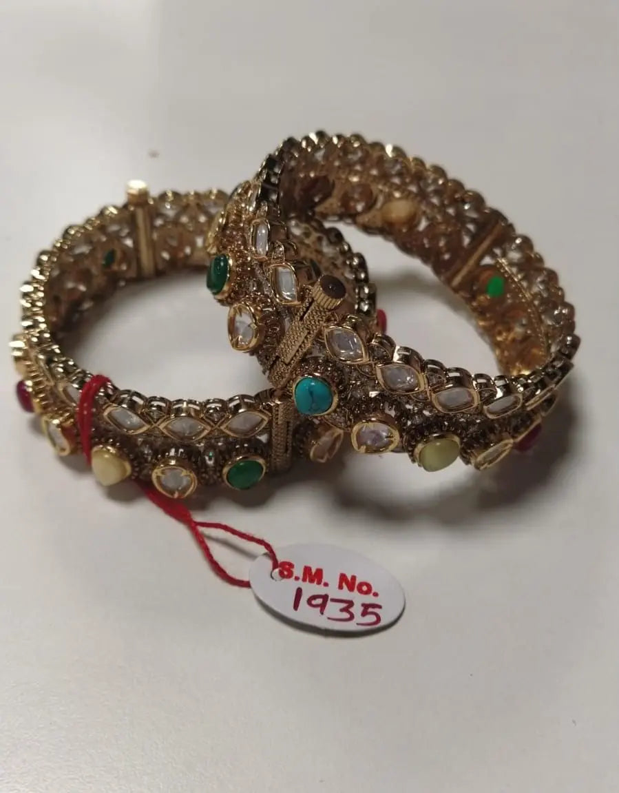 Multicolour Kundan Openable Brass Bangles Pair
