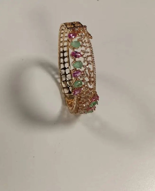 Vine Motif Stone Studded Openable Brass Bangle Bracelet