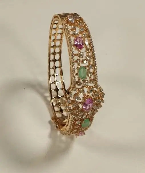 Floral Stone Studded Openable Brass Bangle