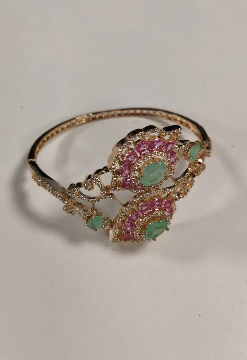 Dual Floral Stone Studded Openable Brass Bangle