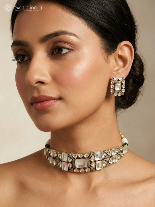 Polki Stone Studded Brass Choker and Earrings Set