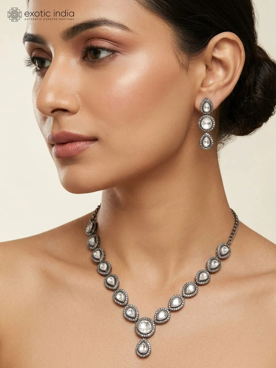 Polki Stone Brass Necklace and Earrings Set