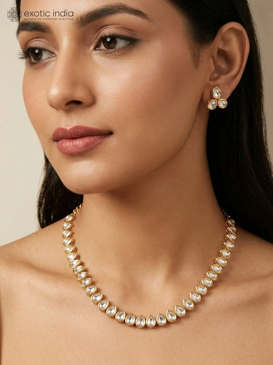 Teardrop Polki Stone Studded Necklace and Earrings Set