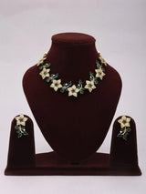 Emerald Green Floral Vine Brass Necklace and Earrings Set