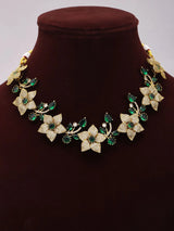 Emerald Green Floral Vine Brass Necklace and Earrings Set