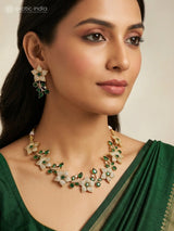 Emerald Green Floral Vine Brass Necklace and Earrings Set