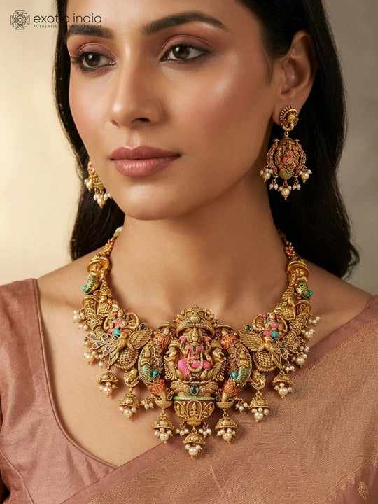 Goddess Lakshmi Peacock Motif Temple Brass Haram Necklace Set