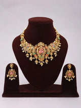 Goddess Lakshmi Peacock Motif Temple Brass Haram Necklace Set