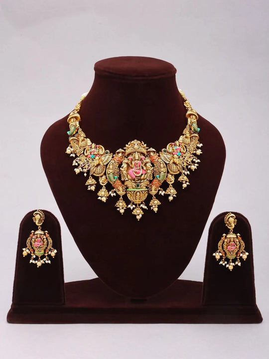 Goddess Lakshmi Peacock Motif Temple Brass Haram Necklace Set