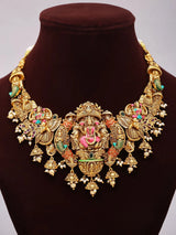 Goddess Lakshmi Peacock Motif Temple Brass Haram Necklace Set